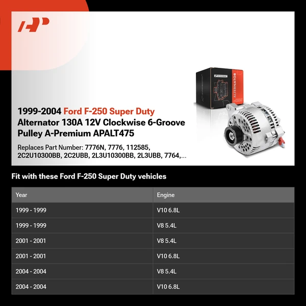 1999-2004 Ford F-250 Super Duty Alternator 130A 12V Clockwise 6-Groove Pulley A-Premium APALT475