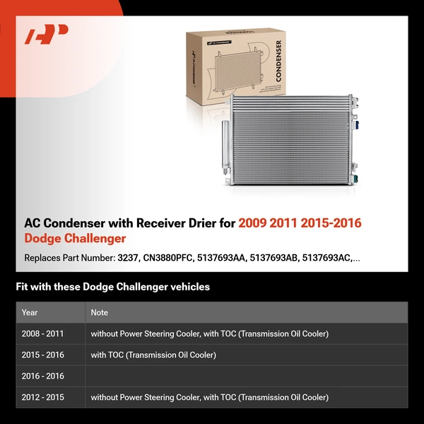 AC Condenser with Receiver Drier for 2009 2011 2015-2016 Dodge Challenger