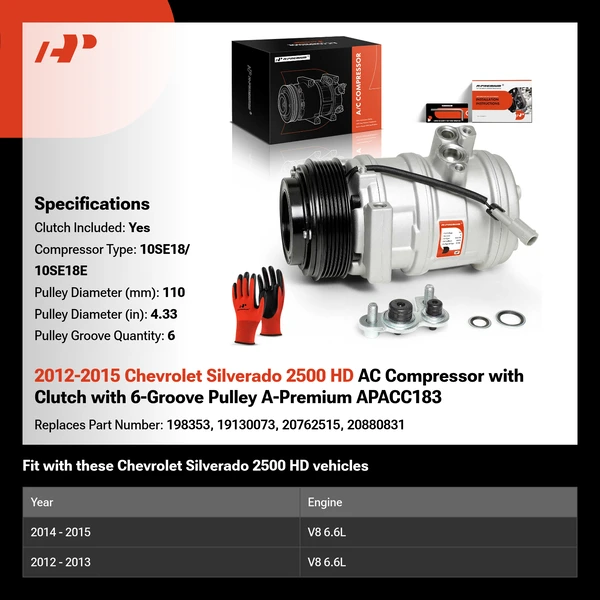 2012-2015 Chevrolet Silverado 2500 HD AC Compressor with Clutch with 6-Groove Pulley A-Premium APACC183