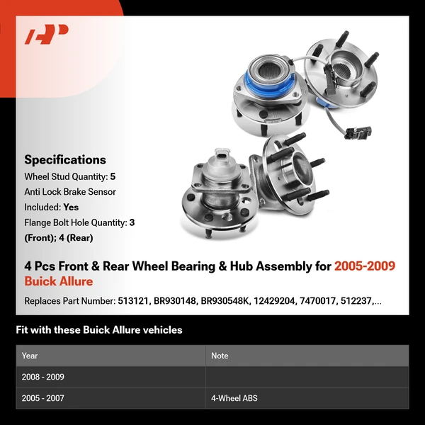 4 Pcs Front & Rear Wheel Bearing & Hub Assembly for 2005-2009 Buick Allure