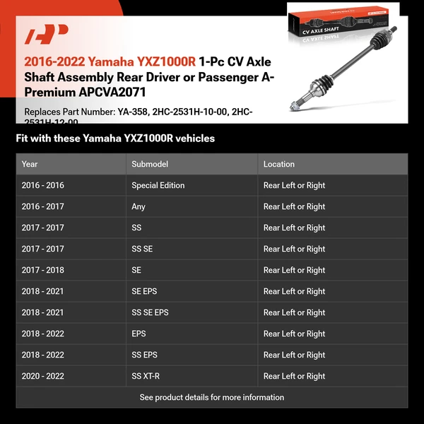 2016-2022 Yamaha YXZ1000R 1-Pc CV Axle Shaft Assembly Rear Driver or Passenger A-Premium APCVA2071
