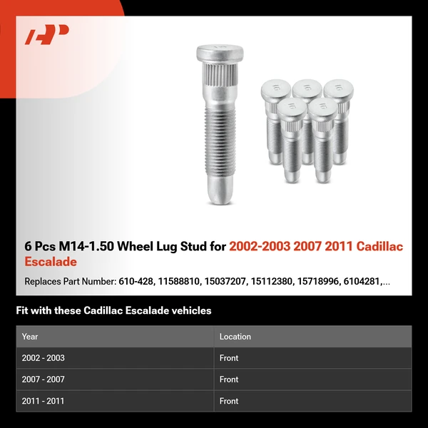 6 Pcs M14-1.50 Wheel Lug Stud for 2002-2003 2007 2011 Cadillac Escalade