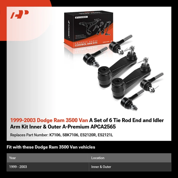 1999-2003 Dodge Ram 3500 Van A Set of 6 Tie Rod End and Idler Arm Kit Inner & Outer A-Premium APCA2565