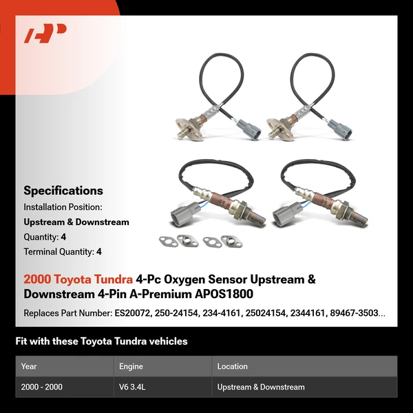 2000 Toyota Tundra 4-Pc Oxygen Sensor Upstream & Downstream 4-Pin A-Premium APOS1800