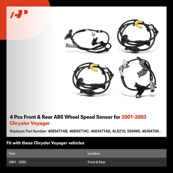 4 Pcs Front & Rear ABS Wheel Speed Sensor for 2001-2003 Chrysler Voyager