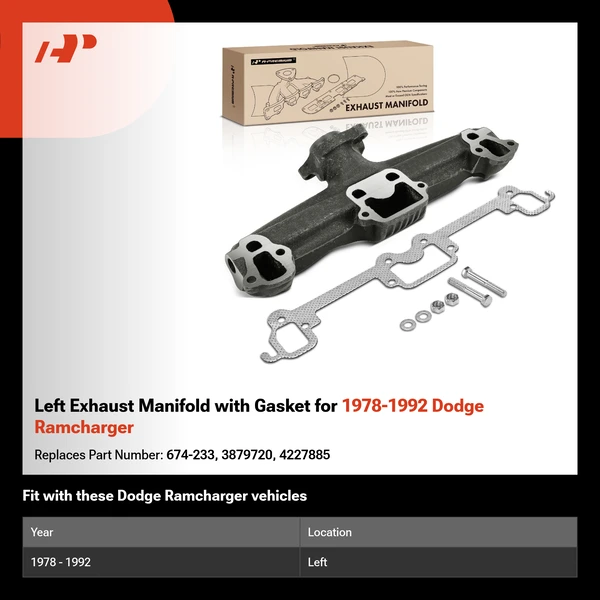 Left Exhaust Manifold with Gasket for 1978-1992 Dodge Ramcharger