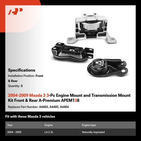 2004-2009 Mazda 3 3-Pc Engine Mount and Transmission Mount Kit Front & Rear A-Premium APEM138