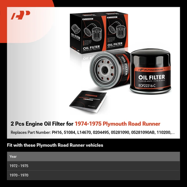 2 Pcs Engine Oil Filter for 1974-1975 Plymouth Road Runner