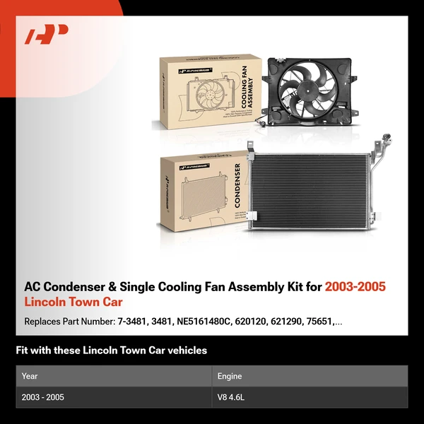 AC Condenser & Single Cooling Fan Assembly Kit for 2003-2005 Lincoln Town Car
