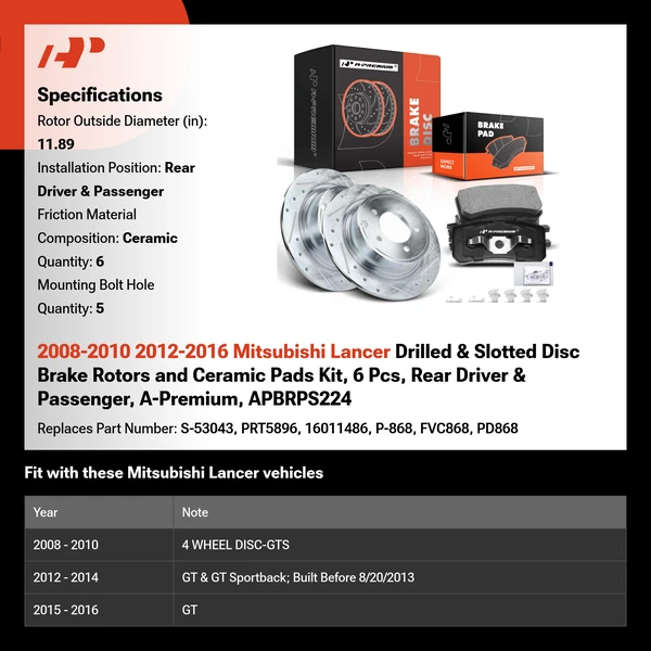 2008-2010 2012-2016 Mitsubishi Lancer Drilled & Slotted Disc Brake Rotors and Ceramic Pads Kit, 6 Pcs, Rear Driver & Passenger, A-Premium, APBRPS224