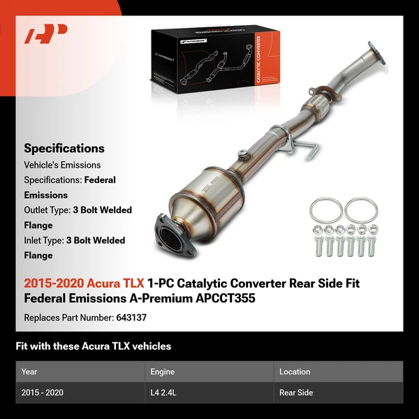 2015-2020 Acura TLX 1-PC Catalytic Converter Rear Side Fit Federal Emissions A-Premium APCCT355