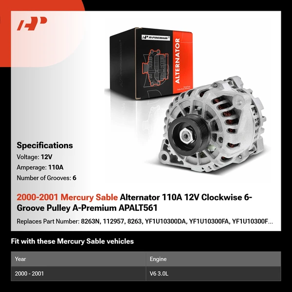 2000-2001 Mercury Sable Alternator 110A 12V Clockwise 6-Groove Pulley A-Premium APALT561