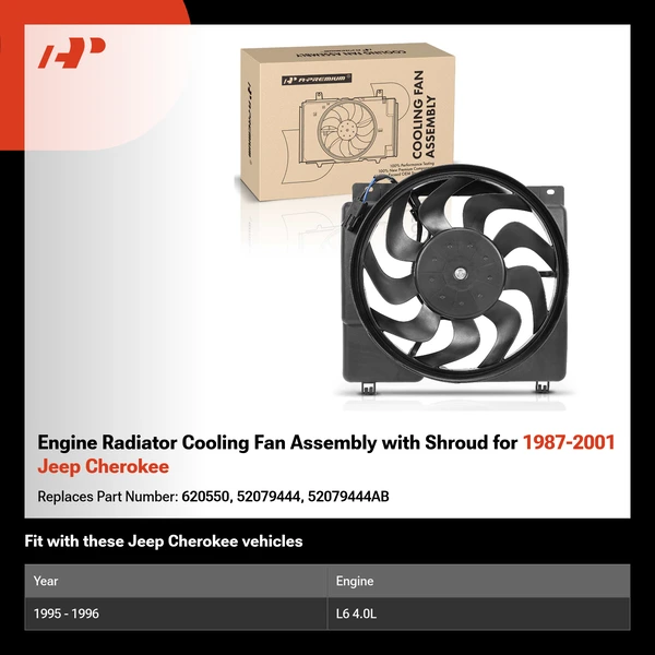 Engine Radiator Cooling Fan Assembly with Shroud for 1987-2001 Jeep Cherokee