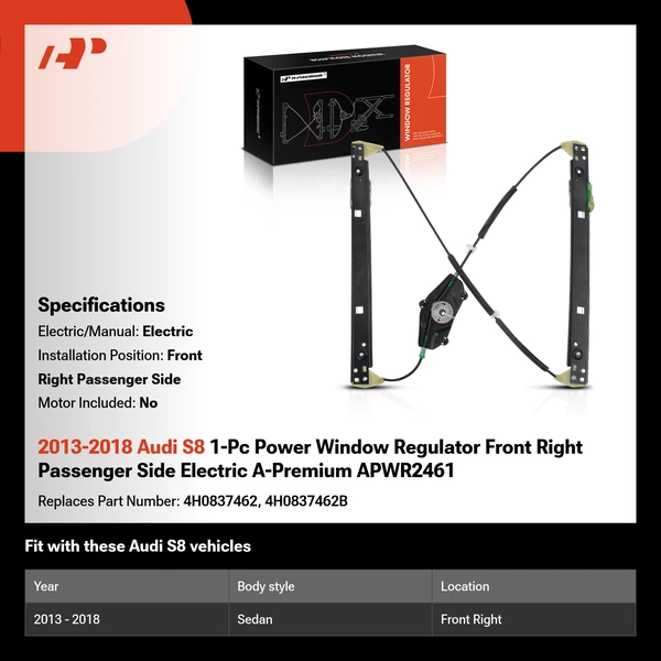 2013-2018 Audi S8 1-Pc Power Window Regulator Front Right Passenger Side Electric A-Premium APWR2461