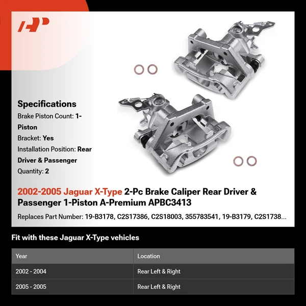2002-2005 Jaguar X-Type 2-Pc Brake Caliper Rear Driver & Passenger 1-Piston A-Premium APBC3413