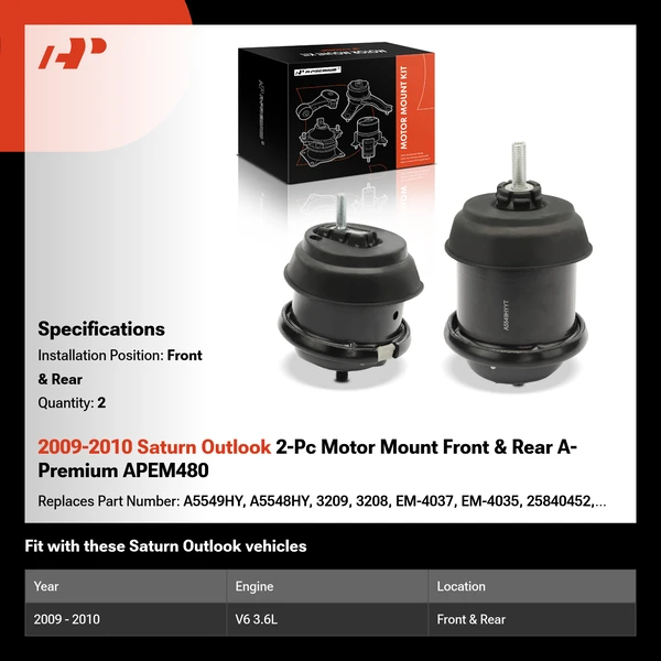 2009-2010 Saturn Outlook 2-Pc Motor Mount Front & Rear A-Premium APEM480