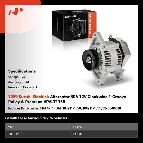 1989 Suzuki Sidekick Alternator 50A 12V Clockwise 1-Groove Pulley A-Premium APALT1168