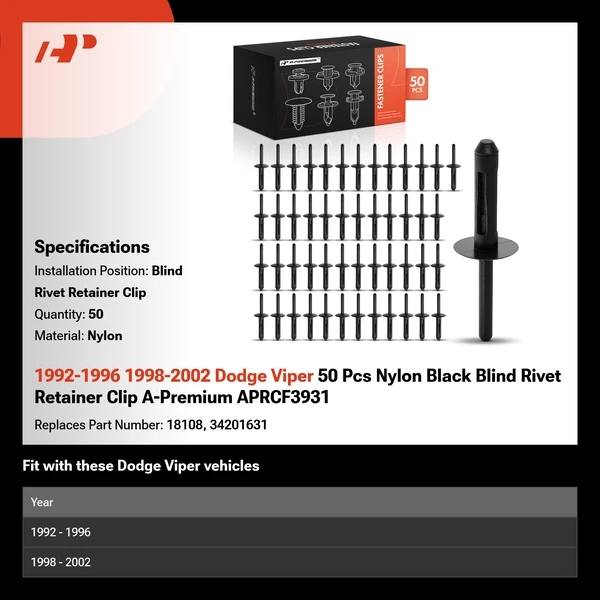 1992-1996 1998-2002 Dodge Viper 50 Pcs Nylon Black Blind Rivet Retainer Clip A-Premium APRCF3931