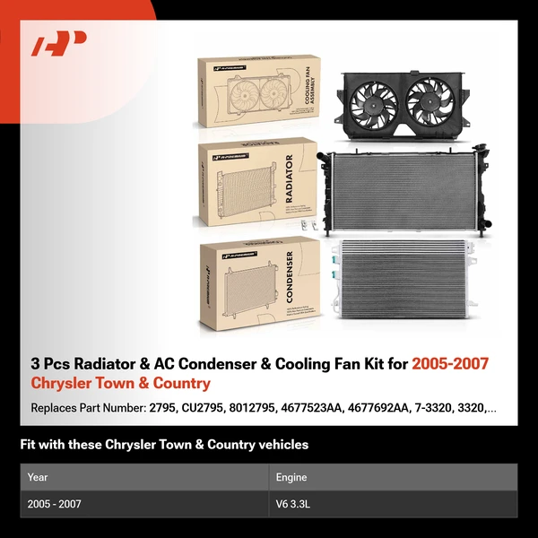 3 Pcs Radiator & AC Condenser & Cooling Fan Kit for 2005-2007 Chrysler Town & Country