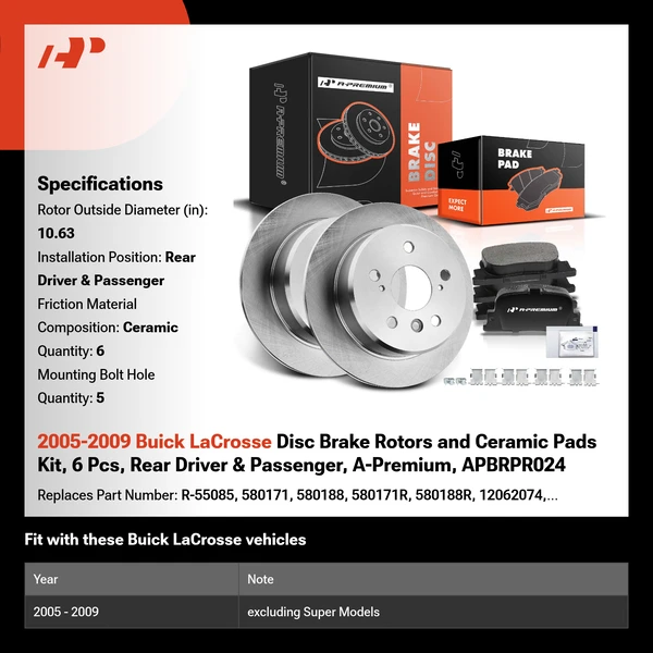 2005-2009 Buick LaCrosse Disc Brake Rotors and Ceramic Pads Kit, 6 Pcs, Rear Driver & Passenger, A-Premium, APBRPR024