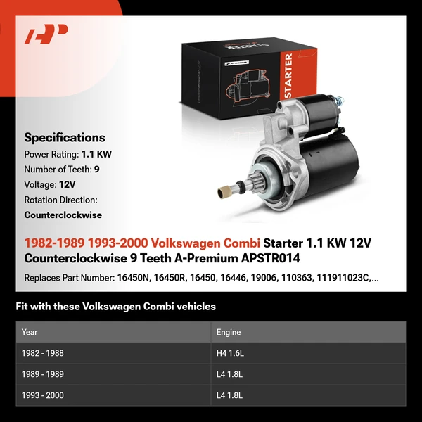 1982-1989 1993-2000 Volkswagen Combi Starter 1.1 KW 12V Counterclockwise 9 Teeth A-Premium APSTR014
