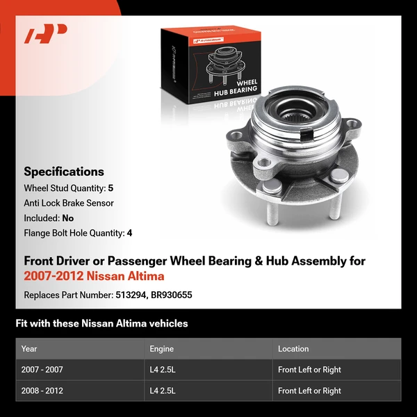 Front Driver or Passenger Wheel Bearing & Hub Assembly for 2007-2012 Nissan Altima