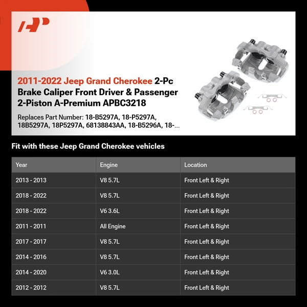 2011-2022 Jeep Grand Cherokee 2-Pc Brake Caliper Front Driver & Passenger 2-Piston A-Premium APBC3218