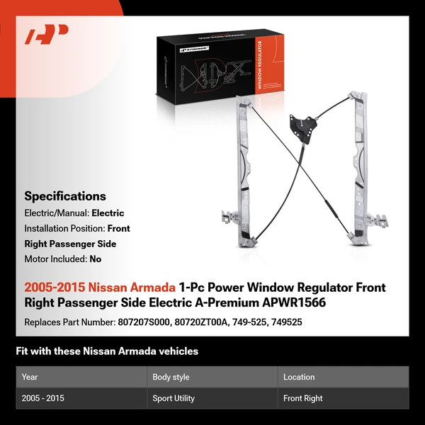 2005-2015 Nissan Armada 1-Pc Power Window Regulator Front Right Passenger Side Electric A-Premium APWR1566