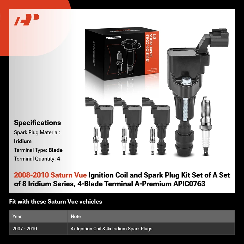 2008-2010 Saturn Vue Ignition Coil and Spark Plug Kit Set of A Set of 8 Iridium Series, 4-Blade Terminal A-Premium APIC0763