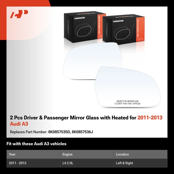 2 Pcs Driver & Passenger Mirror Glass with Heated for 2011-2013 Audi A3