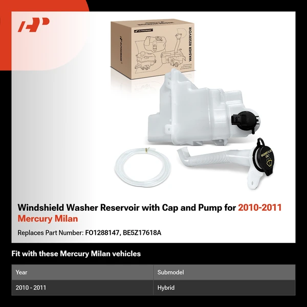 Windshield Washer Reservoir with Cap and Pump for 2010-2011 Mercury Milan