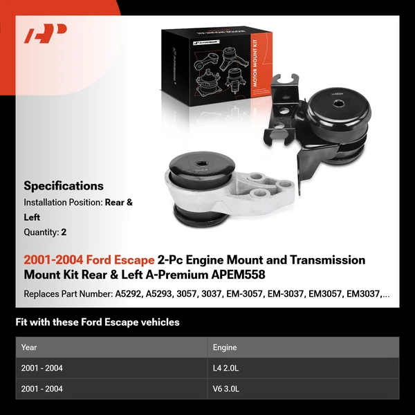 2001-2004 Ford Escape 2-Pc Engine Mount and Transmission Mount Kit Rear & Left A-Premium APEM558