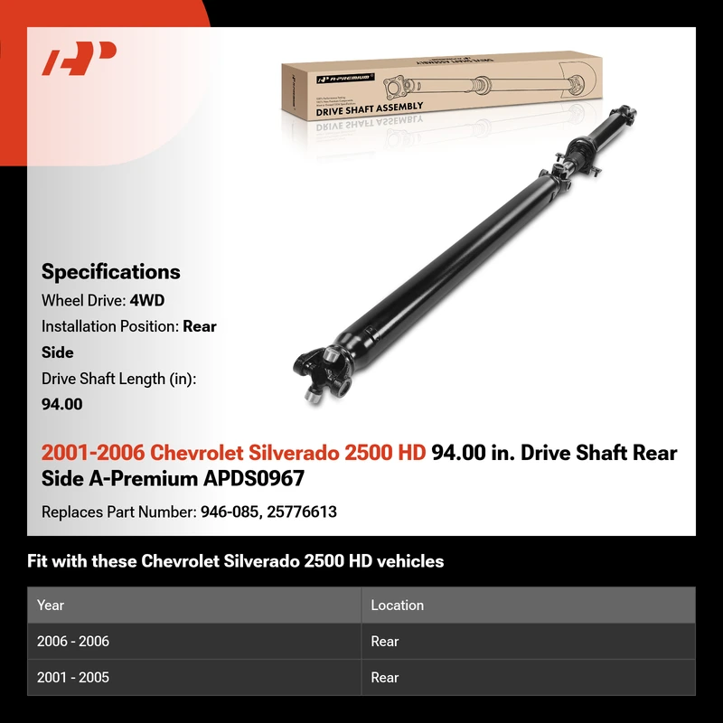 2001-2006 Chevrolet Silverado 2500 HD 94.00 in. Drive Shaft Rear Side A-Premium APDS0967