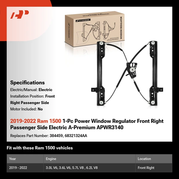 2019-2022 Ram 1500 1-Pc Power Window Regulator Front Right Passenger Side Electric A-Premium APWR3140