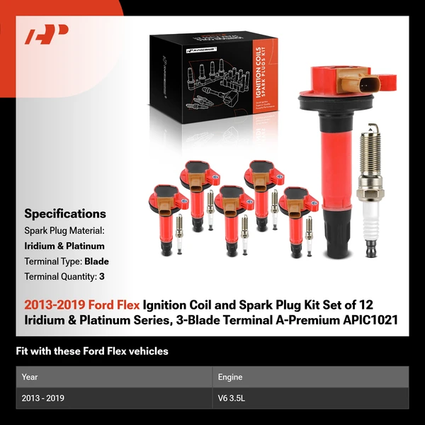 2013-2019 Ford Flex Ignition Coil and Spark Plug Kit Set of 12 Iridium & Platinum Series, 3-Blade Terminal A-Premium APIC1021