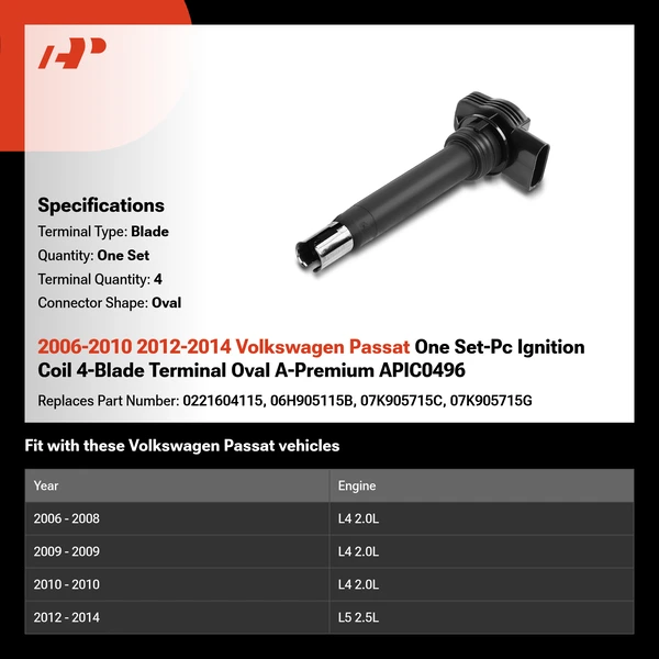2006-2010 2012-2014 Volkswagen Passat One Set-Pc Ignition Coil 4-Blade Terminal Oval A-Premium APIC0496