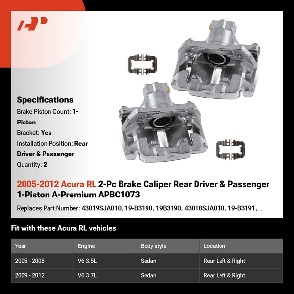 2005-2012 Acura RL 2-Pc Brake Caliper Rear Driver & Passenger 1-Piston A-Premium APBC1073