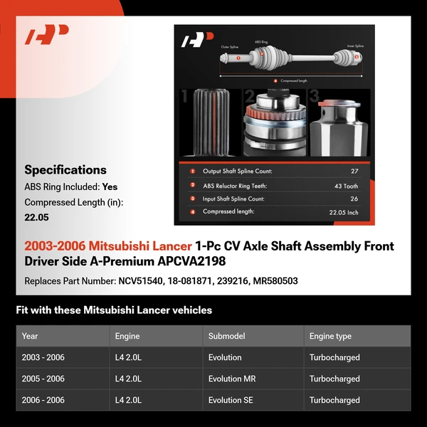 2003-2006 Mitsubishi Lancer 1-Pc CV Axle Shaft Assembly Front Driver Side A-Premium APCVA2198