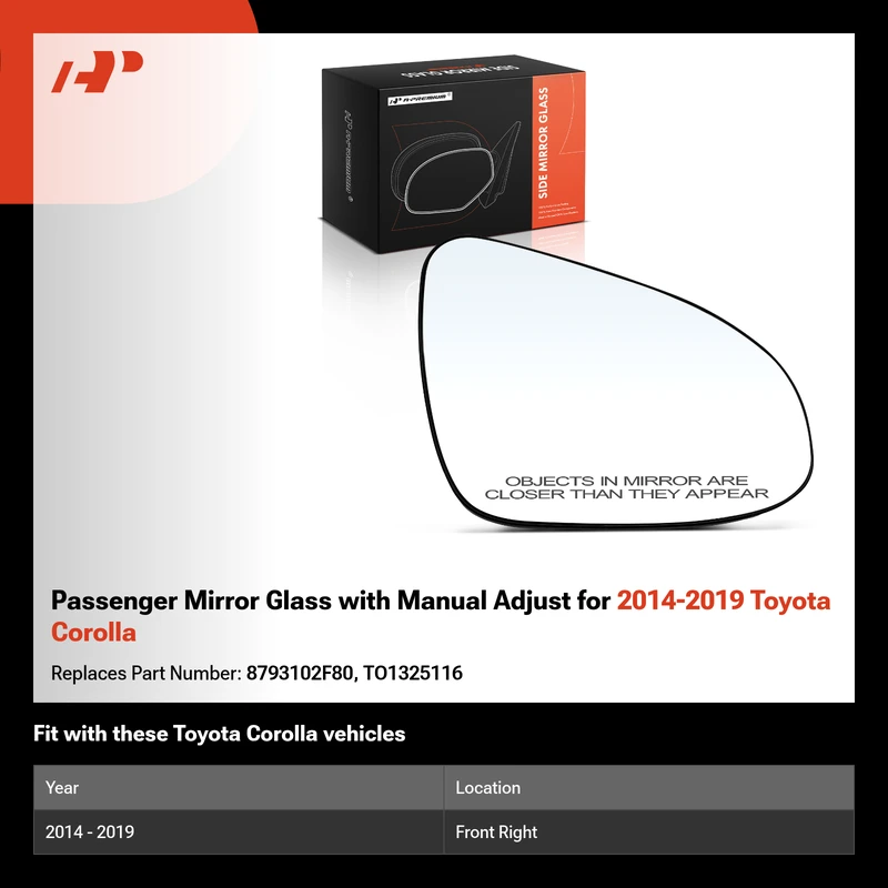 Passenger Mirror Glass with Manual Adjust for 2014-2019 Toyota Corolla