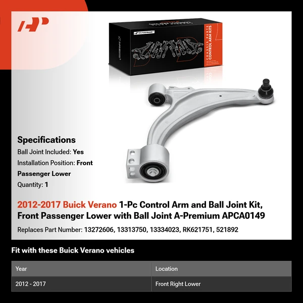 2012-2017 Buick Verano 1-Pc Control Arm and Ball Joint Kit, Front Passenger Lower with Ball Joint A-Premium APCA0149