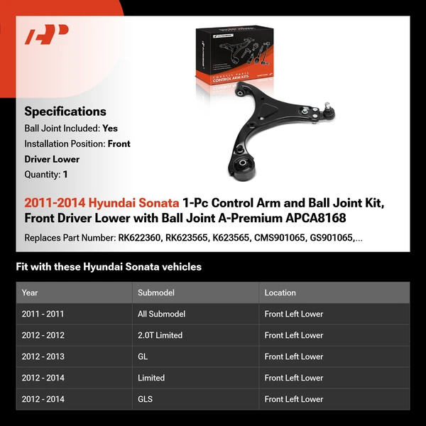 2011-2014 Hyundai Sonata 1-Pc Control Arm and Ball Joint Kit, Front Driver Lower with Ball Joint A-Premium APCA8168