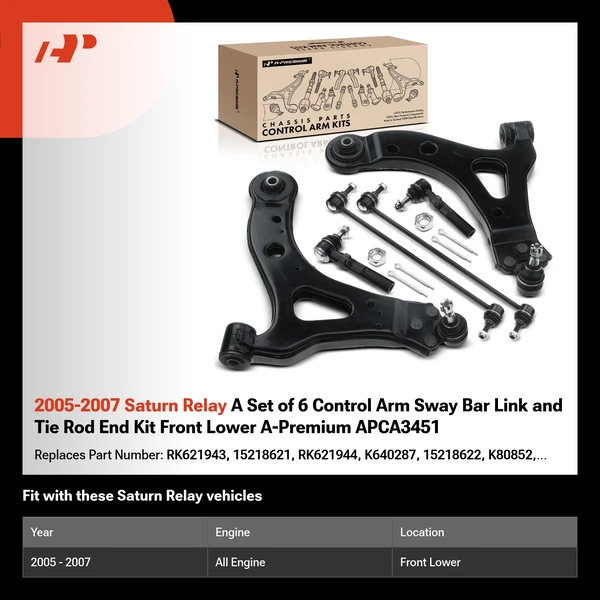 2005-2007 Saturn Relay A Set of 6 Control Arm Sway Bar Link and Tie Rod End Kit Front Lower A-Premium APCA3451