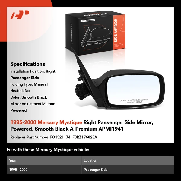 1995-2000 Mercury Mystique Right Passenger Side Mirror, Powered, Smooth Black A-Premium APMI1941