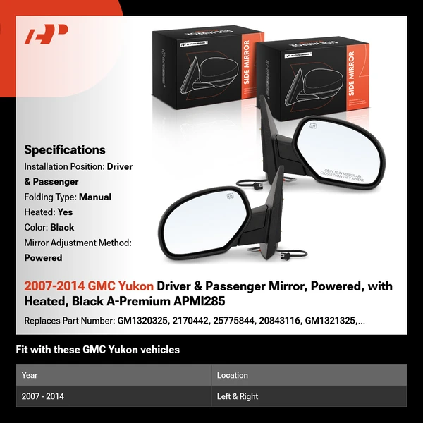 2007-2014 GMC Yukon Driver & Passenger Mirror, Powered, with Heated, Black A-Premium APMI285