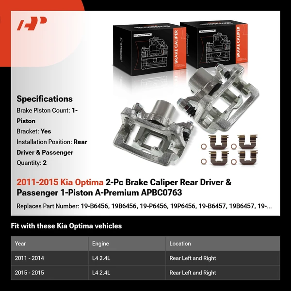 2011-2015 Kia Optima 2-Pc Brake Caliper Rear Driver & Passenger 1-Piston A-Premium APBC0763