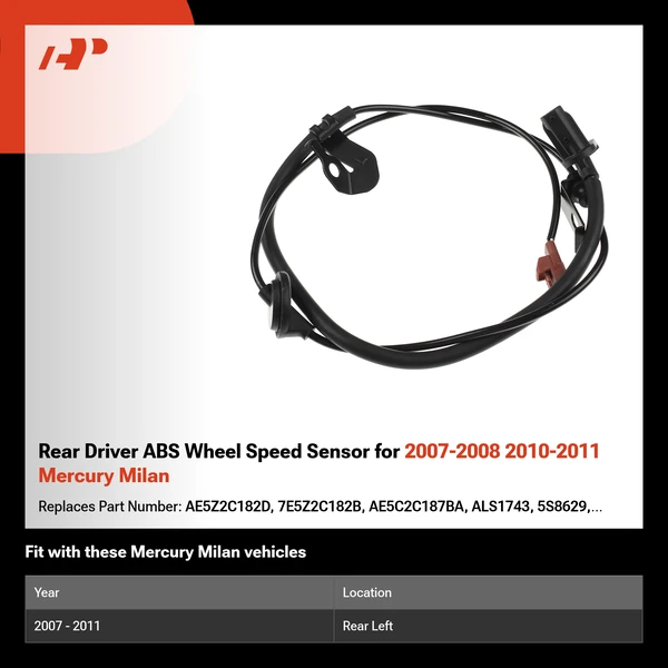 Rear Driver ABS Wheel Speed Sensor for 2007-2008 2010-2011 Mercury Milan
