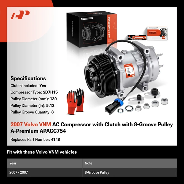 2007 Volvo VNM AC Compressor with Clutch with 8-Groove Pulley A-Premium APACC754