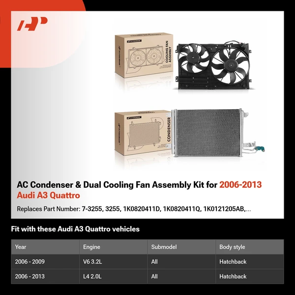 AC Condenser & Dual Cooling Fan Assembly Kit for 2006-2013 Audi A3 Quattro