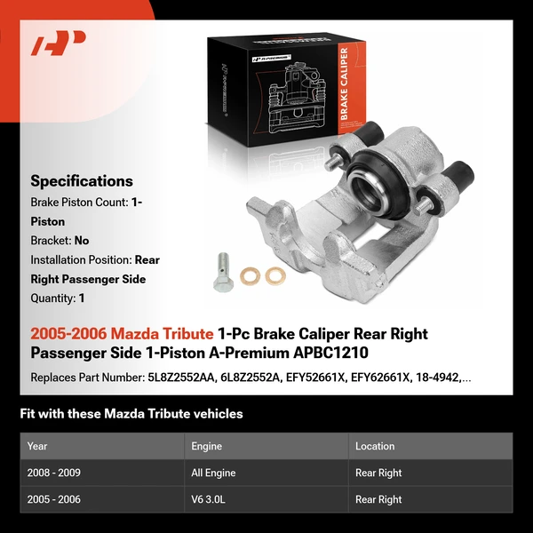 2005-2006 Mazda Tribute 1-Pc Brake Caliper Rear Right Passenger Side 1-Piston A-Premium APBC1210