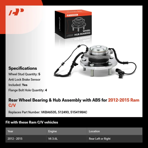 Rear Wheel Bearing & Hub Assembly with ABS for 2012-2015 Ram C/V